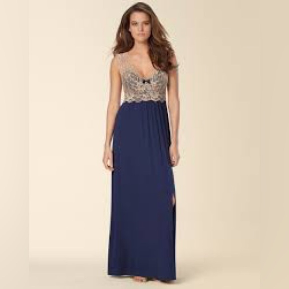 Soma Navy and Beige Soft Lace long Nightgown